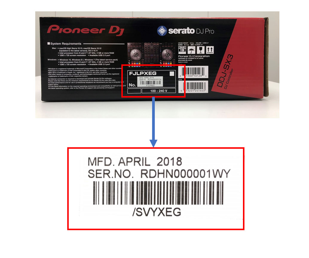 Position des Strichcodes auf der Verpackung deines DDJ-SX3